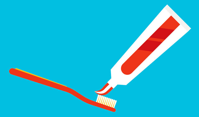 Zeichnung: rote Zahnbürste mit einer Tube Zahncreme