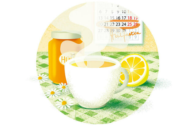 Illustration einer dampfenden Tasse Tee auf einem Küchentisch. Dahinter ein Honigtopf und eine aufgeschnittene Zitrone.