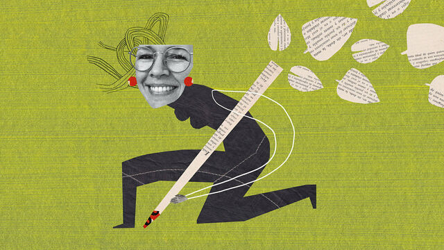 Jutta Kochs Kopf auf einem gezeichneten Körper, der einen riesigen Stift in der Hand hält, aus dem Blätter fliegen