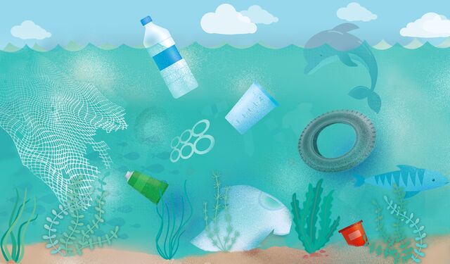 Illustration mit Plastikflaschen, Autoreifen, Fischernetzen im Meer