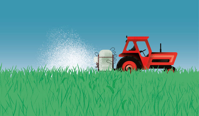Illustration: Traktor versprüht Herbizide auf einem Acker