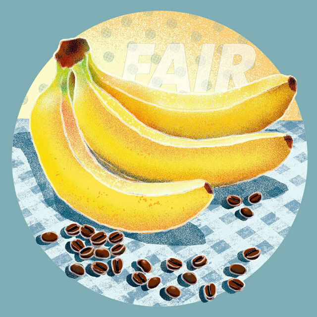 Illustration mit Bananen und Kaffebohnen auf einem Tisch, dahinter der Schriftzug Fair.