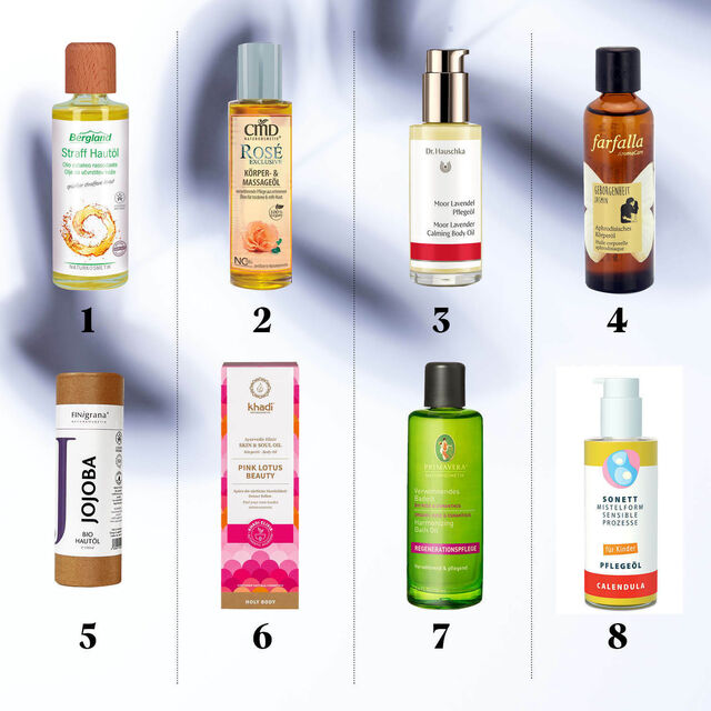 Produktbilder von acht verschiedenen Körperölen aus dem Bio-Laden.