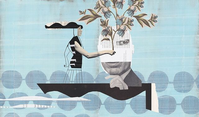 Collage: Mensch auf einem Boot pflanzt einen Baum in den Kopf einer zweiten Person.